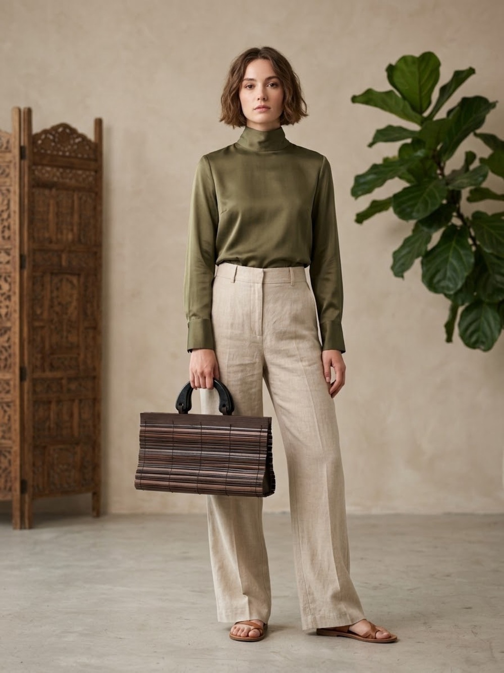 Structured Bamboo-Style handbag Clutch in Dark Brown bamboo